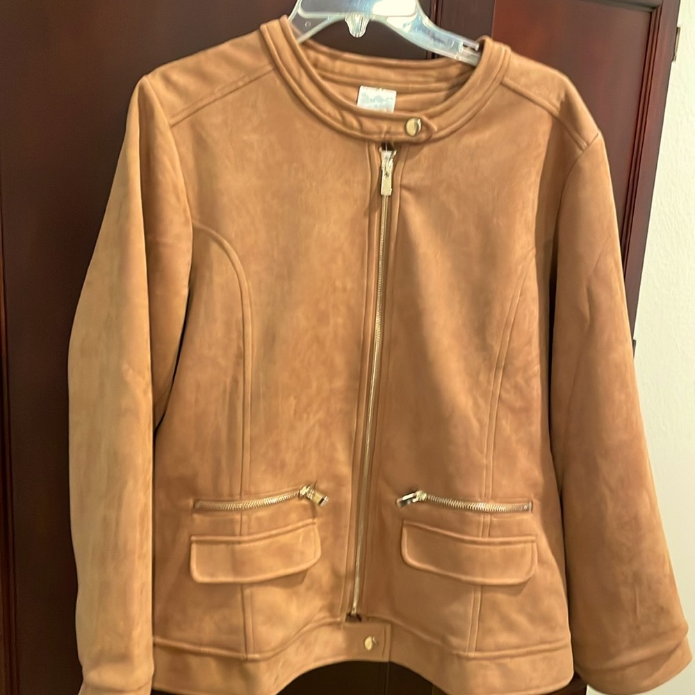 Faux suede, super soft, lined, zippered jacket with gold tone accents.